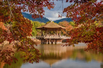 Fototapeten Malerischer Blick auf den öffentlichen Park Nara im Herbst, mit Ahornblättern, Teich und altem Pavillon, in Japan © crisfotolux