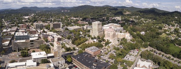 Aerial panorama view of downtown Asheville, North Carolina, USA.