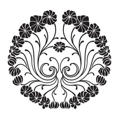 Decorative black floral element. Round pattern of abstract flowers.