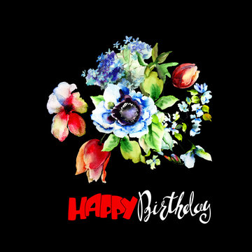 Stylized spring flowers with title Happy Birthday