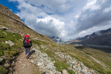 Fototapeta na wymiar Hiking to the Fluhalp in the Swiss alps at the Matterhorn