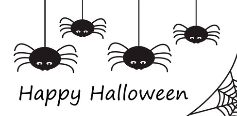 Happy Halloween card or border with stylized black spiders hangi