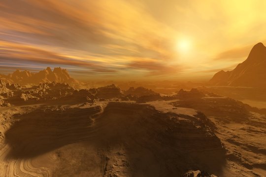 Alien landscape. The stony desert at sunset.

