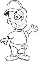 Black and white illustration of a baby wearing a baseball cap while waving.