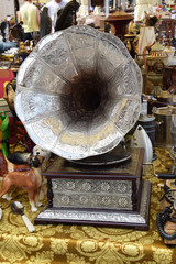 old antique gramophone with vinyl record at the market stall