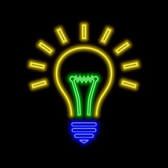 Lightbulb neon sign. Bright glowing symbol on a black background.