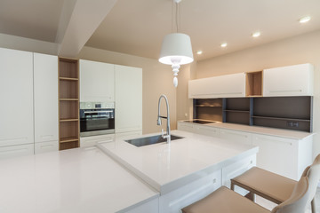 New modern white kitchen. New luxury home. Interior photography