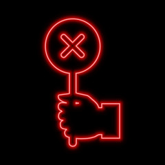 Obraz premium Hand with reject sign. Failure concept neon sign. Bright glowing symbol on a black background.
