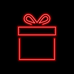 Gift box neon sign. Bright glowing symbol on a black background. - 223038111