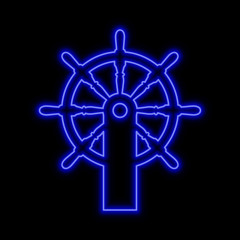 Steering wheel neon sign. Bright glowing symbol on a black background.