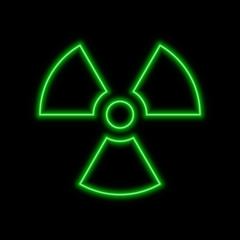 Sign of radiation neon sign. Bright glowing symbol on a black background.