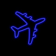 Airplane neon sign. Bright glowing symbol on a black background.