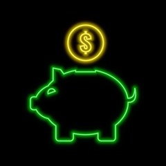 Piggy bank neon sign. Bright glowing symbol on a black background.