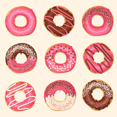 Set of Vector Sweet pink glazed donuts with chocolate and powder. Food design
