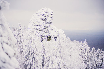 Top view from the ski slopes among the spruces on snow covered and foggy valley on the background mountain peaks. Skiing park Kubinska Hola  Western Tatras Travel destination for winter vacations . © malykalexa777