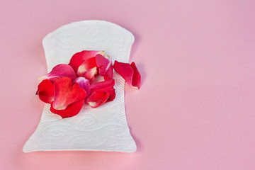 Sanitary napkin and flower petals on pink background