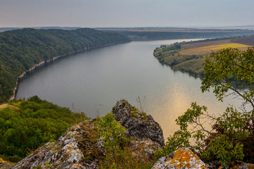 Scenic panorama view from the hill to the reservoir on the Dniester river, Ukraine.