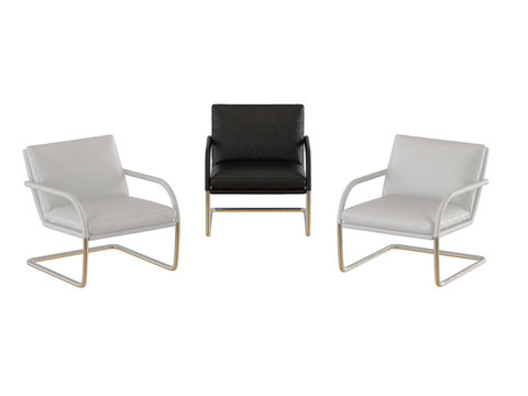 Three chairs black and white leather on a metal base on a white background 3d rendering
