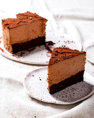 Chocolate Cake on a light background. Homemade baking.