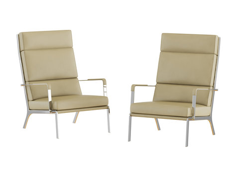 Two beige leather chairs with high backrest on a white background 3d rendering