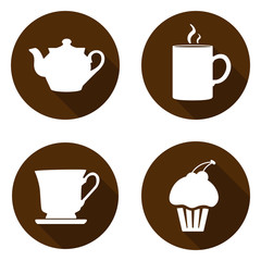 Set of icons for a break. Icons with a kettle, cup, mug and cake