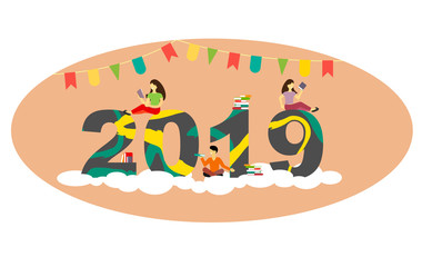 Figures 2019 close-up with characters and books in the style of flat