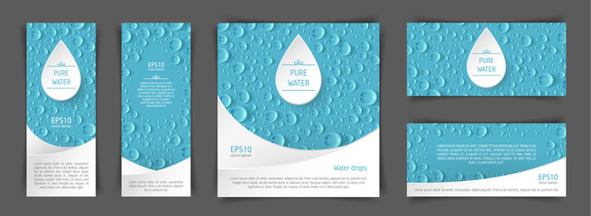 A set of flyers with realistic drops in the blue background. Design elements for postcard, banner, poster. Advertising of clean water and goods associated with clean water.
