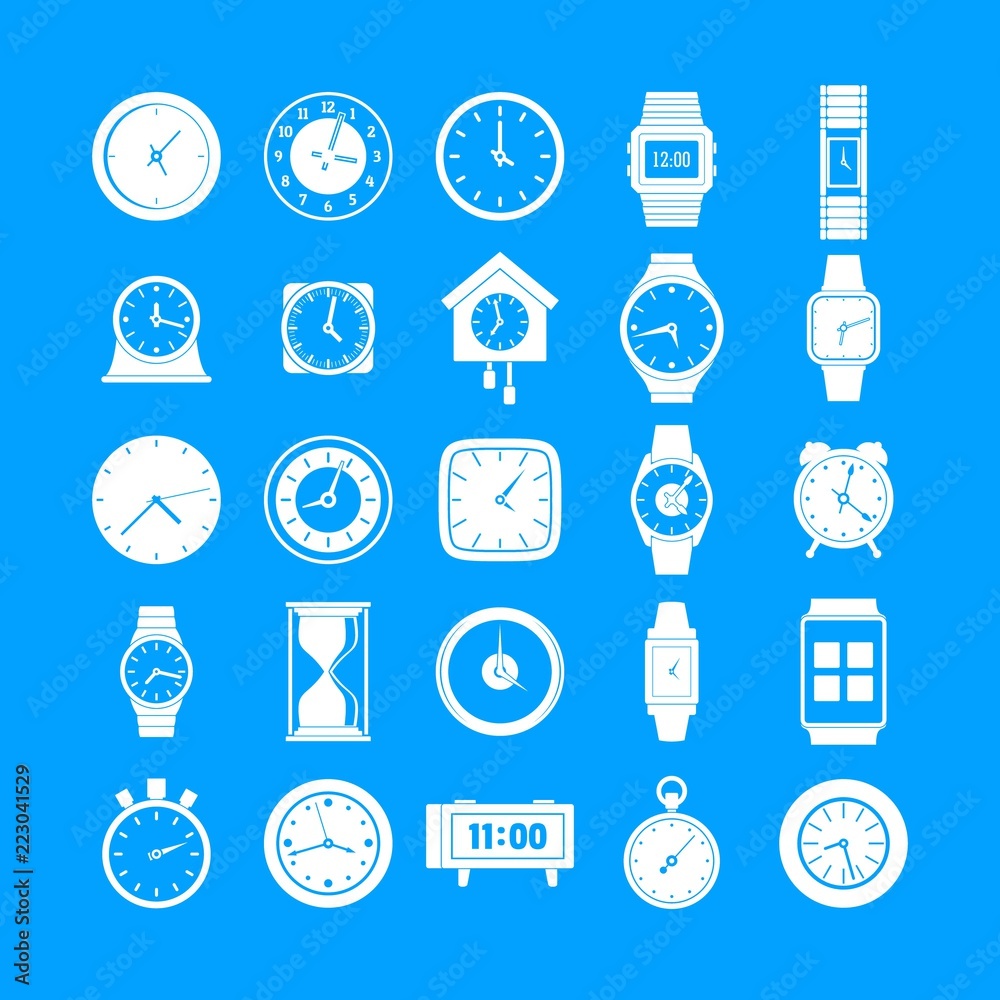Poster time and clock icons set. simple illustration of 25 time clock vector icons for web