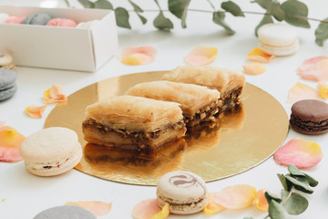 Baklava sweet dessert. Pastry made of layers of filo filled with chopped nuts and sweetened and held together with syrup or honey