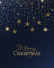 Vector illustration of stars. Merry Christmas card with golden stars. Gold decoration on a blue background. Night sky.