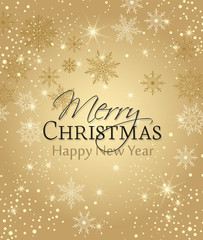 Vector illustration of a Christmas background. Merry Christmas card with snowflakes. Snow decoration on golden background