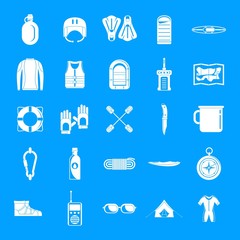 Rafting kayak water canoe icons set. Simple illustration of 25 rafting kayak water canoe vector icons for web