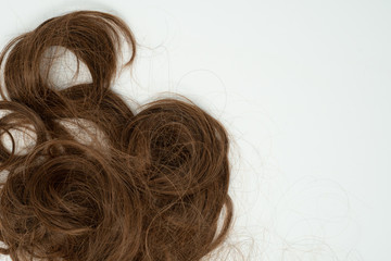 Tangled messy brown brunette hair, isolated on white background - obrazy, fototapety, plakaty