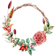 Watercolor wreath with dogrose and flower. Hand painted tree border with dahlia, tree branch and leaves, lagurus isolated on white background. Illustration for design, fabric or background.