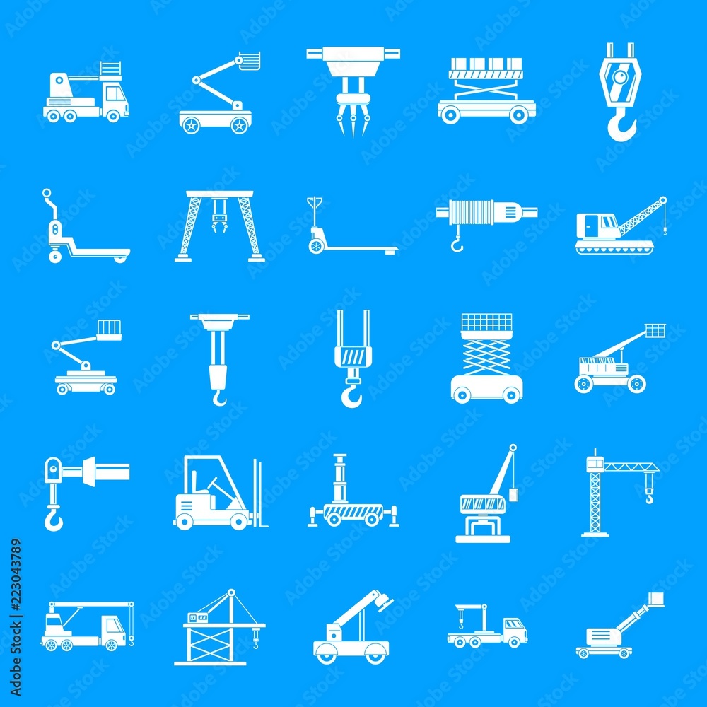 Sticker Lifting machine equipment icons set. Simple illustration of 25 lifting machine equipment cargo vector icons for web