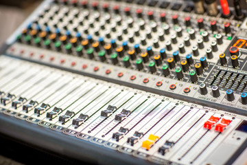 sound system by mixer equalizer in concert or wedding hall. image for background, and copy space.