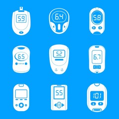 Glucose meter sugar blood test device icons set. Simple illustration of 9 glucose meter sugar blood test device vector icons for web