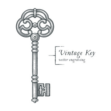 Ornamental vintage key with forging. Hand drawn engraving style illustrations.