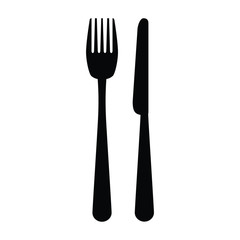 A black and white silhouette of a knife and fork