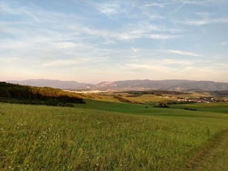 Sunrise and sunset over the hills and town. Slovakia	