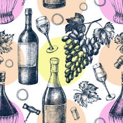 Decorative seamless pattern with wine bottles, wineglasses, a bunch of grapes. Ink hand drawn Vector illustration. Composition of drink elements for menu design.