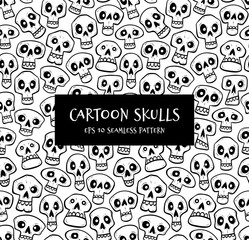 Hand drawn skull seamless pattern. Cartoon style. Skulls isolated on white background. Vector illustration.