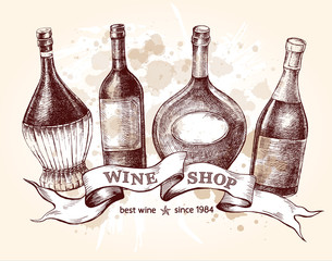 Set of hand drawn different types of wine bottles with vintage ribbon. Ink hand drawn Vector illustration. design element for a wine shop.