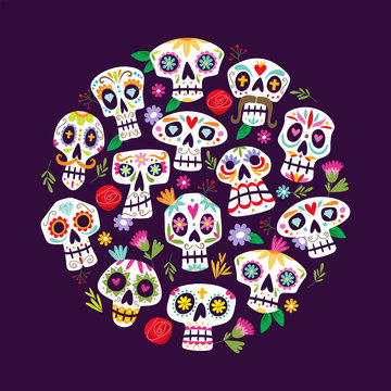 Colorful mexican skulls background. Cute "Dia de muertos" card. Mexican day of the death. Round shape pattern, perfect for backgrounds and greeting card designs.