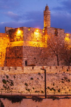 Ancient Citadel inside Old City at Night, Jerusalem