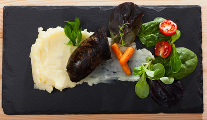 Top view of blood sausage with rice