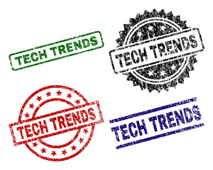 TECH TRENDS seal prints with damaged texture. Black, green,red,blue vector rubber prints of TECH TRENDS tag with corroded style. Rubber seals with circle, rectangle, medallion shapes.