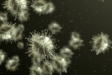 Virus cells flowing on dark background. Science and medicine 3D illustration