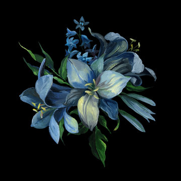Bouquet of blue different flowers and leaves on dark blue background for greeting and wedding cards