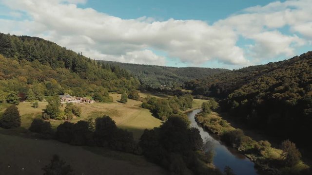 Aerial drone shot of Wye river & Valley, beautiful countryside landscape in Wales